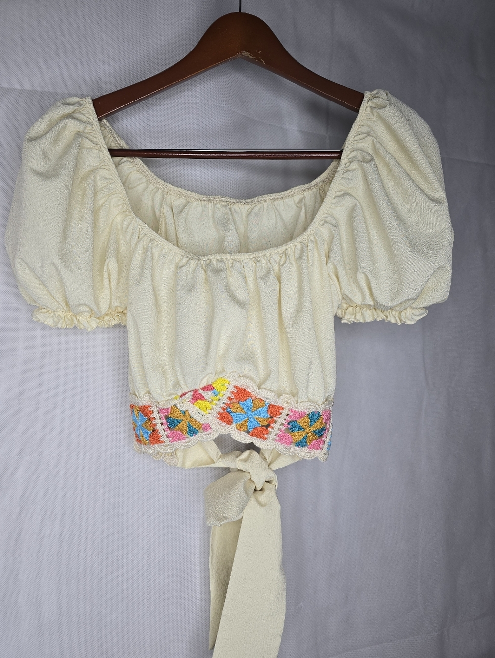 Shein Crop Top Cream Crochet Trim Puff Sleeve Tie Back Peasant Blouse Boho L